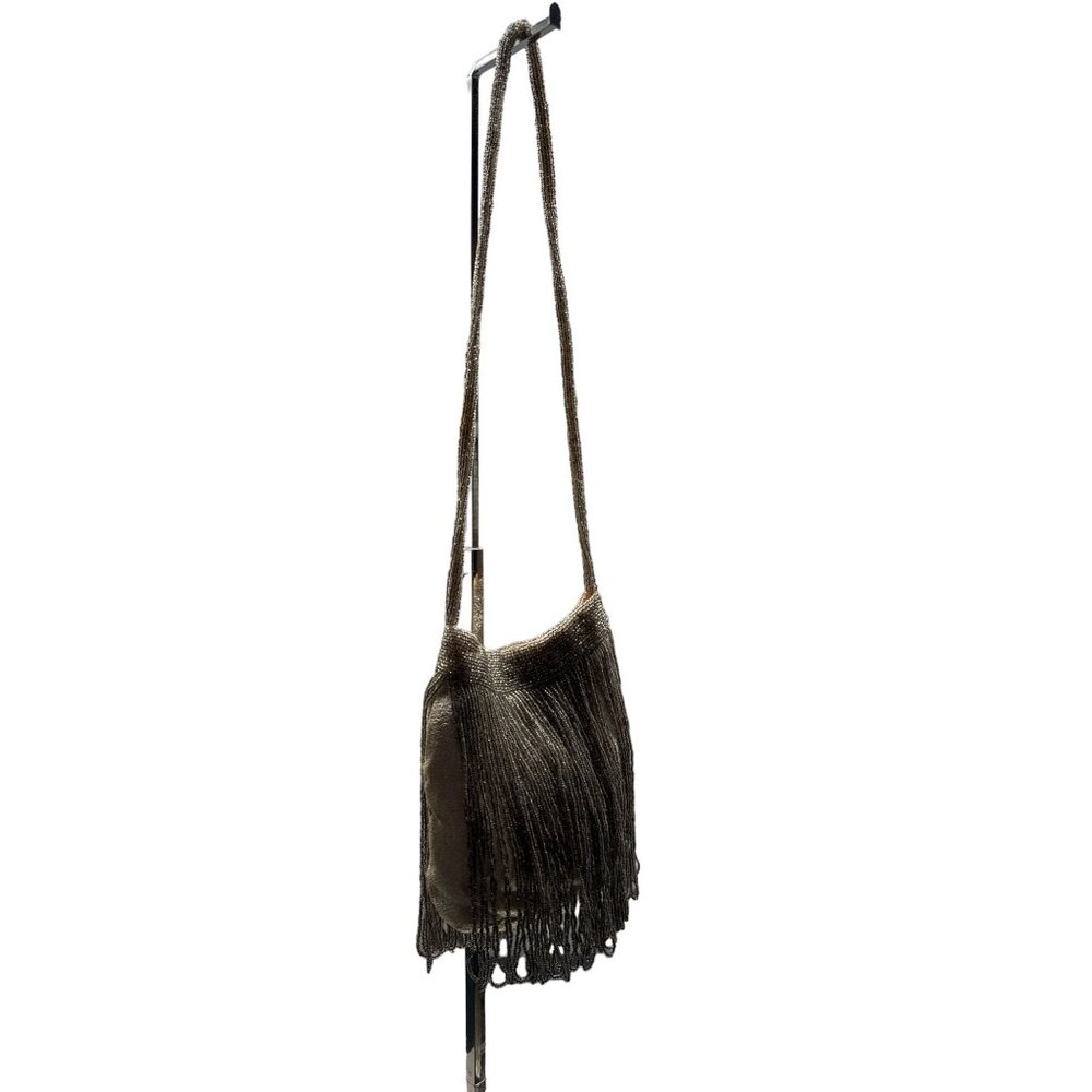 Vintage Walborg Flapper Silver Gray Beaded Evening Bag With Fringe & Strap